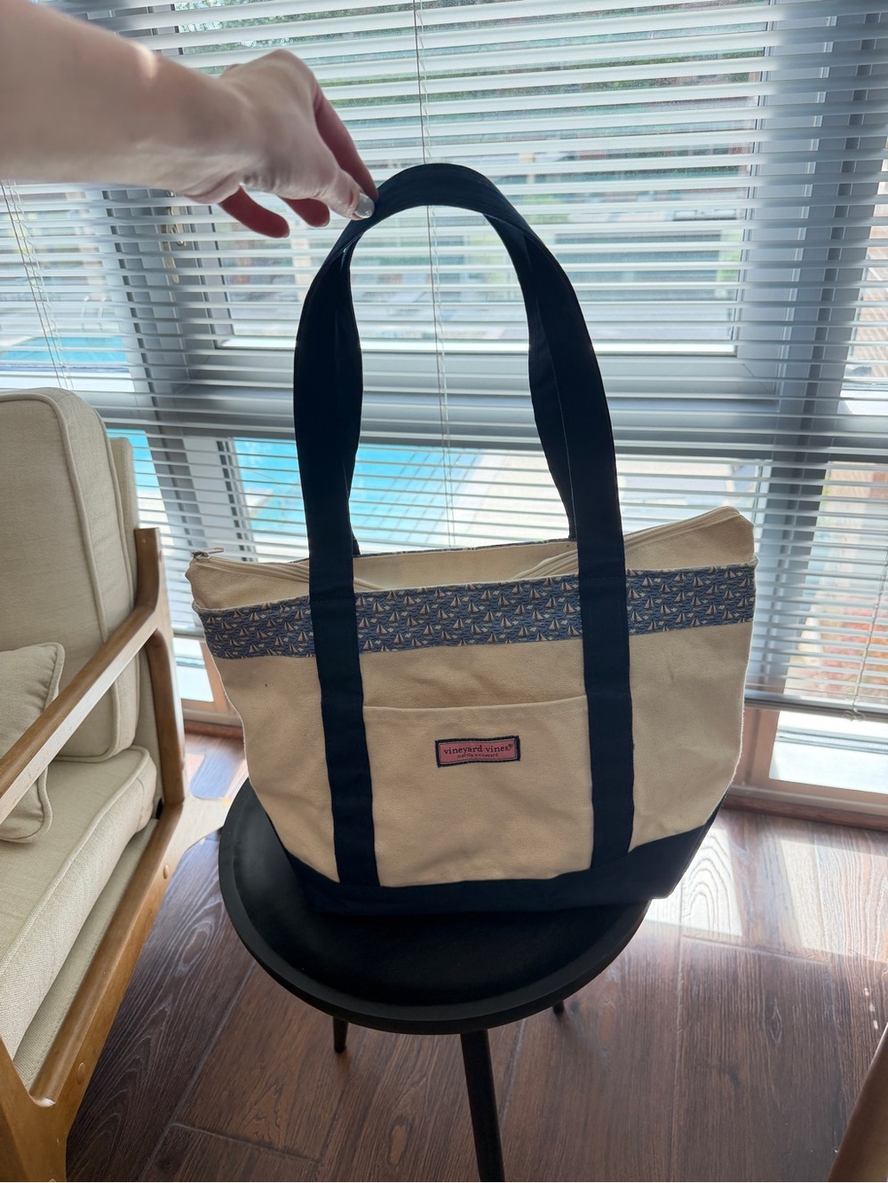 Vineyard Vines Cream Canvas Tote with Navy Straps